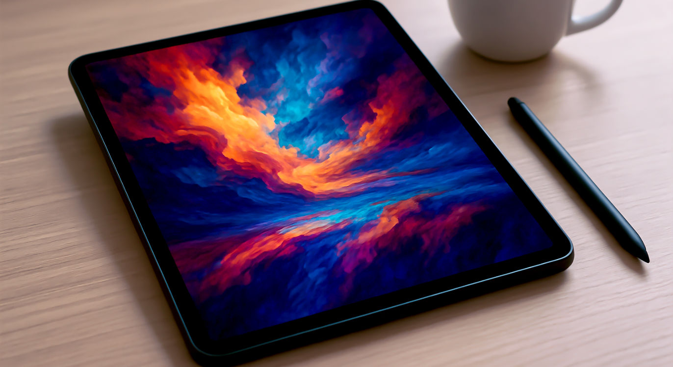 A hyper-realistic photograph of the Space Black 13-inch iPad Pro (M4) on a clean, minimalist wooden desk. The screen is on, glowing with a vibrant digital painting. Next to it sits the Apple Pencil Pro. A cup of coffee is in the background, slightly out of focus.