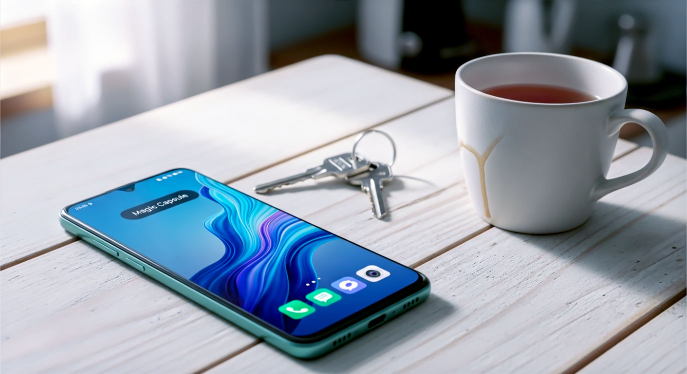 A hyper-realistic lifestyle photo of the Green HONOR X6b phone. It's resting on a casual wooden kitchen table, next to a pair of keys and a half-empty mug of tea. The screen is on, showing the vibrant MagicOS 8.0 lock screen, and the 'Magic Capsule' is visible at the top. The lighting is soft and natural, coming from a nearby window, highlighting the phone's solid build.