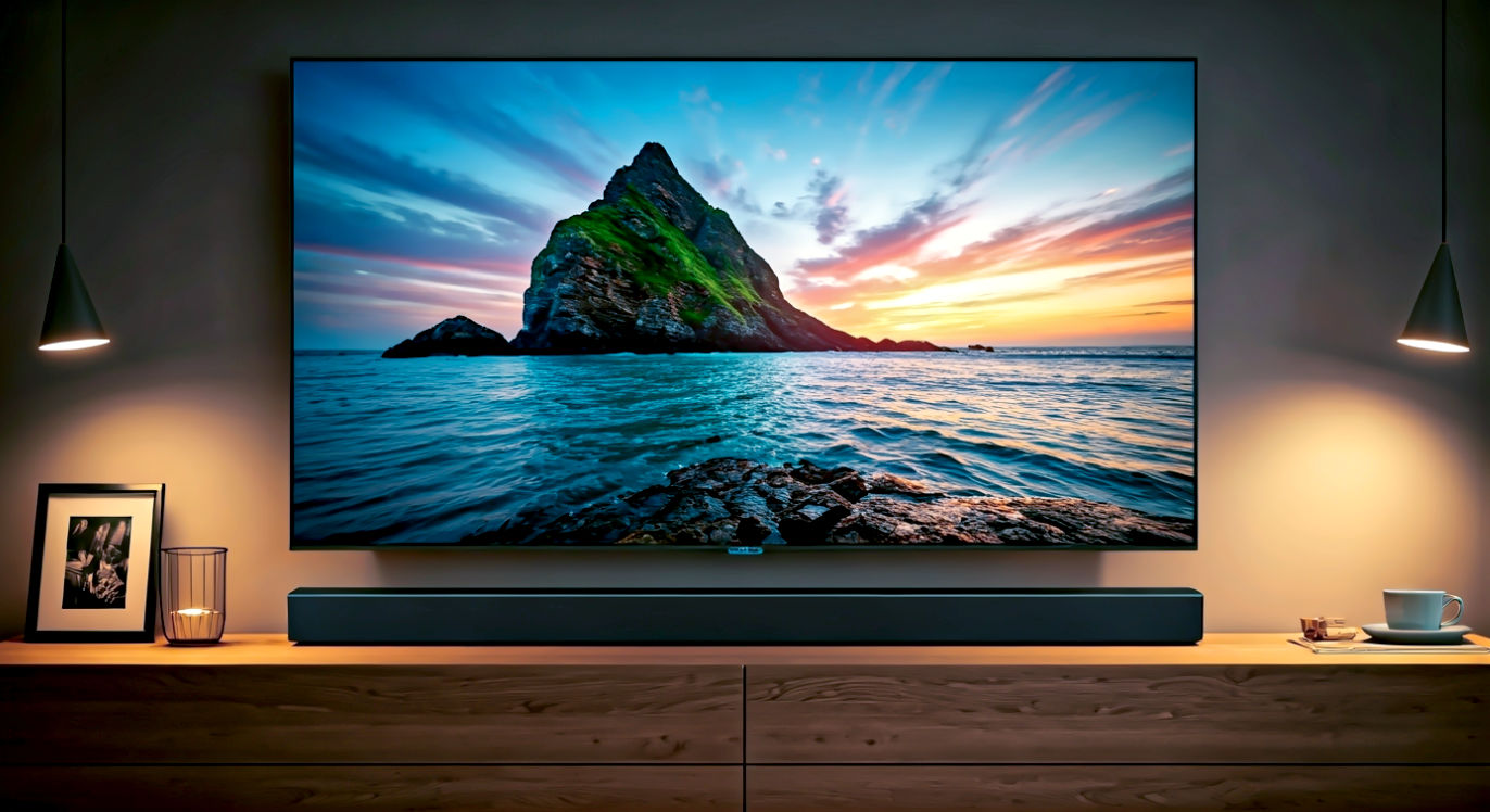 A hyper-realistic photograph of a 50-inch 4K TV, wall-mounted in a modern, cosy UK living room. The screen is displaying a vibrant, colourful 4K image from a nature documentary. Below it, a sleek black soundbar is visible. The room is softly lit, with a cup of tea on a side table, suggesting a comfortable evening in. The TV's thin bezels are clearly visible.