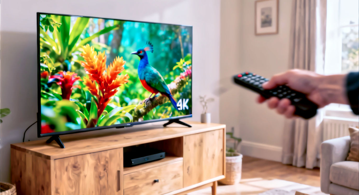 A hyper-realistic photograph of a 50-inch modern television on a light-oak media unit. The screen is displaying a bright, colourful 4K nature documentary, showing off the vivid colours of the display. Next to it, a hand is blurred in motion, holding a remote, looking frustrated, to subtly hint at a slow operating system. The room is a typical, bright UK living room.
