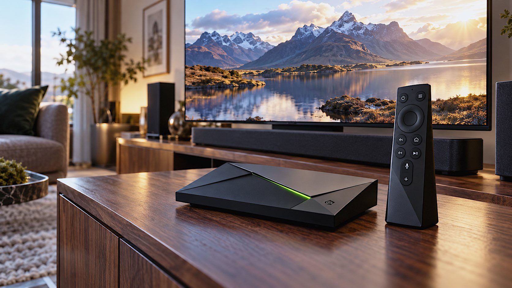 NVIDIA Shield TV Pro 4K streaming media player and remote on a dark walnut console, with a large OLED TV displaying a Scottish Highland landscape at sunset.