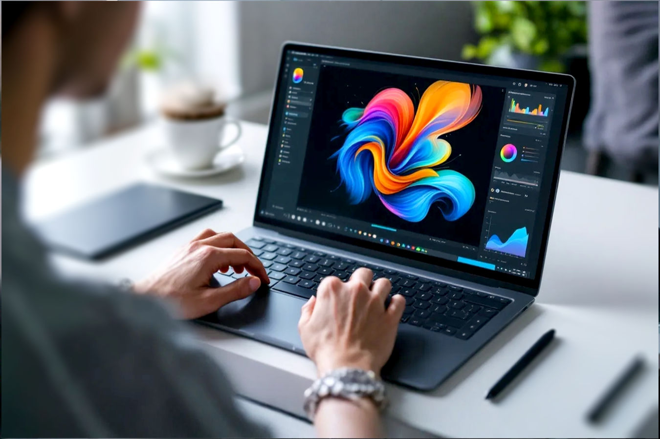 A professional photograph showing a person's hands working on a sleek, modern laptop with a color-accurate display showing vibrant graphic design software. The laptop is placed on a clean desk with a drawing tablet and stylus nearby, suggesting a creative workspace. The lighting is soft and highlights the screen quality.