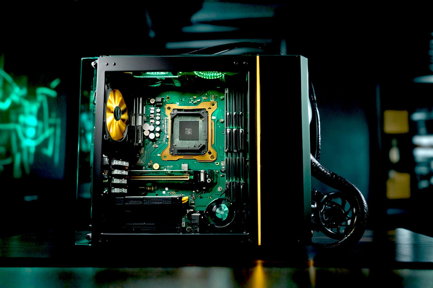 A professional, well-lit photograph showing the interior of a high-end gaming PC build. The focus is on the components, including an Intel CPU cooler, a modern graphics card, RGB RAM, and a sleek motherboard, all housed within a stylish PC case with tempered glass. The lighting is dramatic, highlighting the technology.