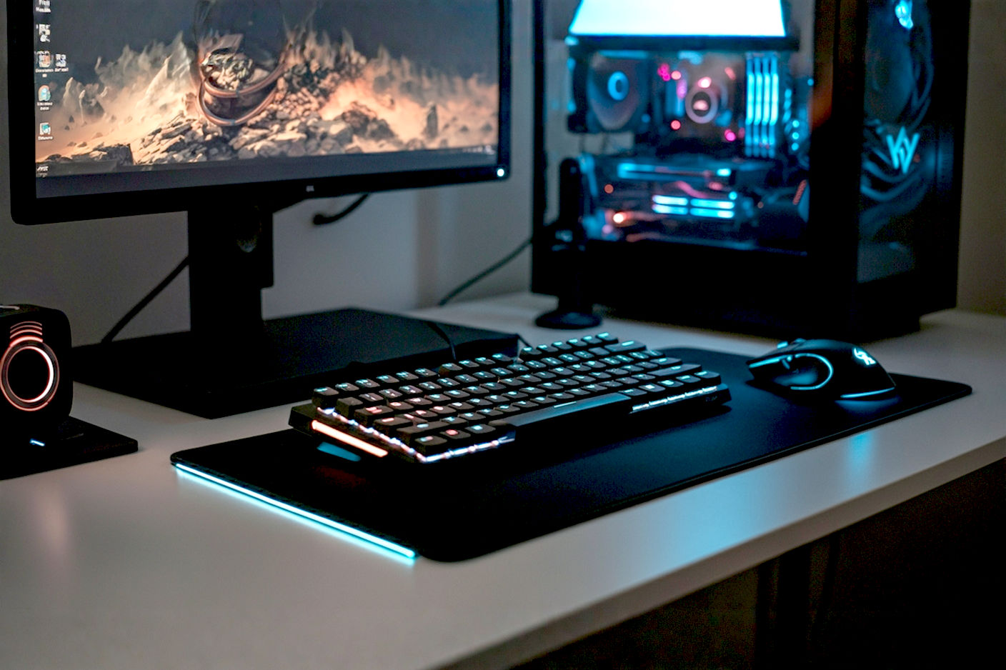 A well-organized gaming desk setup with a PC, monitor, keyboard, and mouse, featuring subtle, affordable accessories like a large mousepad, cable clips, and a headset stand. The lighting is natural and highlights the clean setup. Professional photography style.