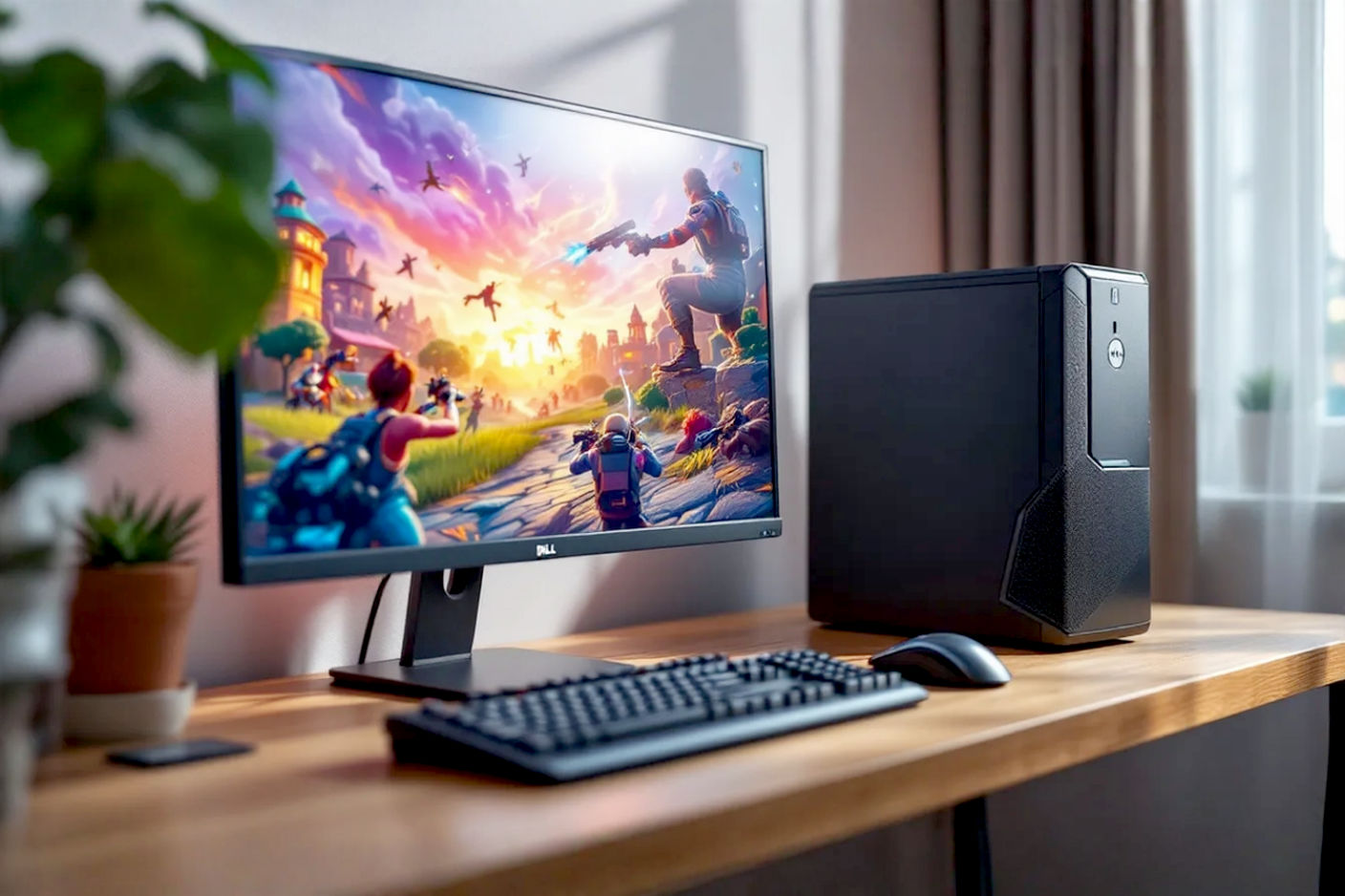 A well-lit, professional photograph showing a budget gaming PC setup. The PC tower is likely a refurbished business desktop (like a black Dell OptiPlex) subtly placed next to a monitor displaying a colorful esports game (like Valorant or Fortnite). A budget-friendly keyboard and mouse are visible. The overall scene should convey accessible gaming without looking overly flashy or expensive, emphasizing the "budget" aspect with clean lines and practical equipment.