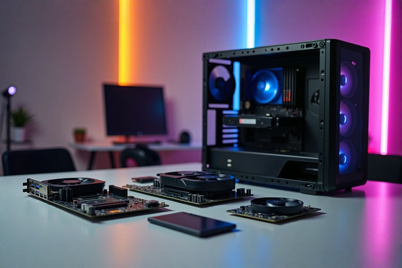 A well-lit, professional photograph of PC components laid out on a clean surface next to a partially assembled computer case. The image should convey the process of building a PC, with focus on components like a motherboard, graphics card, and CPU, possibly with a few tools visible. The background should be neutral, emphasizing the components.