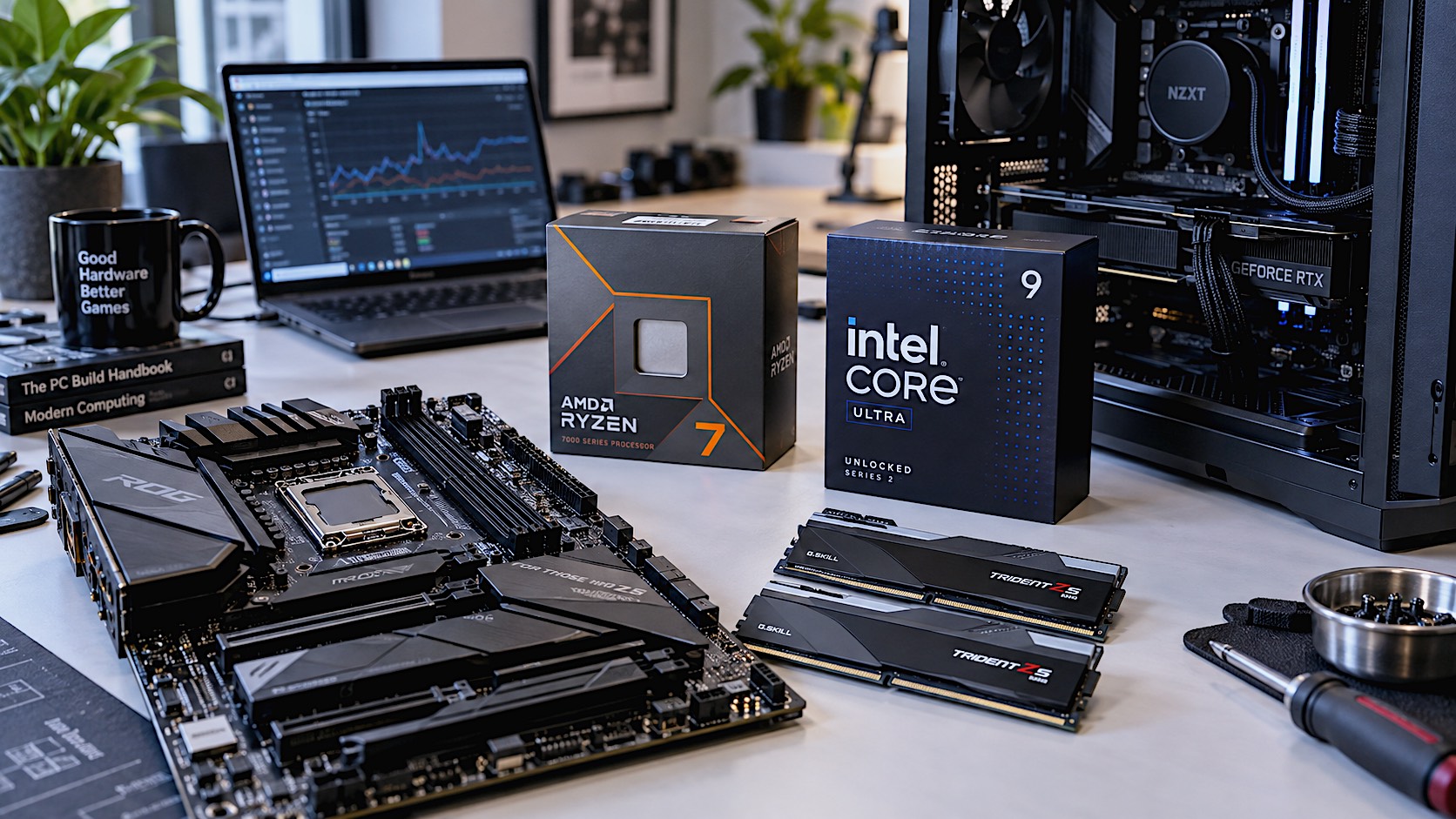editorial photograph of a modern enthusiast PC build in progress on a clean desk. An AMD Ryzen processor and Intel Core Ultra processor boxes sit beside an AM5 motherboard, DDR5 memory and a partially assembled gaming PC. A laptop showing a subtle performance graph is visible in the background.