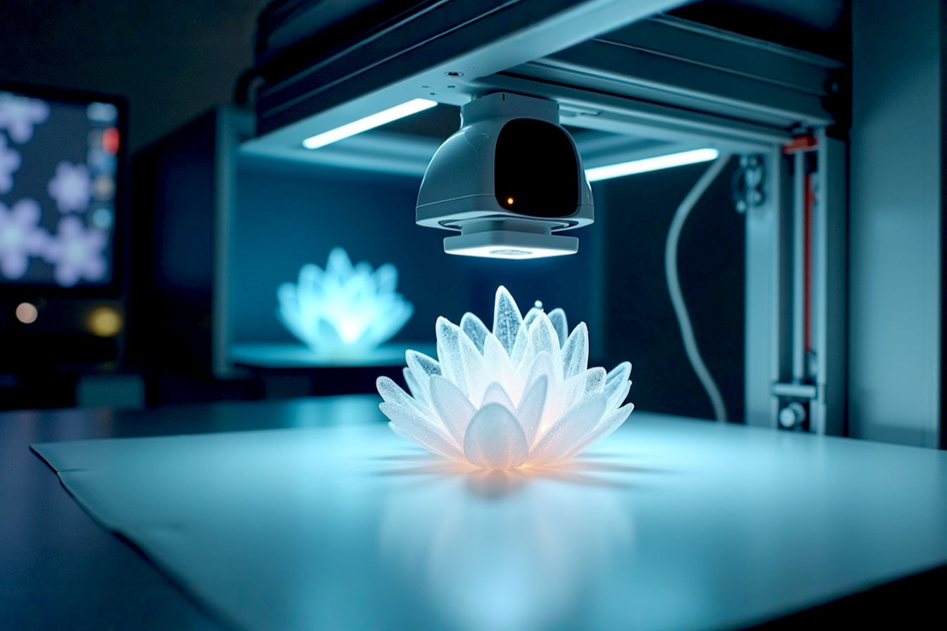 A professional, well-lit studio photograph showing a modern, sleek 3D scanner actively scanning a complex, small-to-medium sized object (like an intricate mechanical part or a small sculpture). In the background, slightly out of focus, is a 3D printer, subtly suggesting the connection between scanning and printing. The overall aesthetic should be clean, high-tech, and precise, with a focus on the interaction between light/laser and the object. The lighting should highlight the scanner's technology.