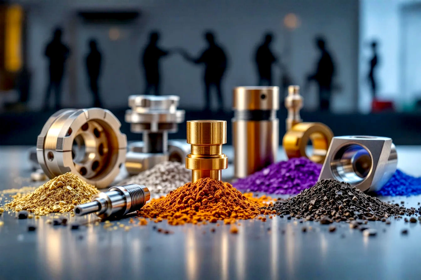 Professional, high-angle studio photography of several different metal 3D printed parts (e.g., a complex aerospace bracket, a medical implant, a piece of tooling) arranged around small piles of different metal powders, with a blurred background showing silhouettes of various metal 3D printing machines. The lighting is dramatic, highlighting the intricate details of the parts and the metallic sheen.