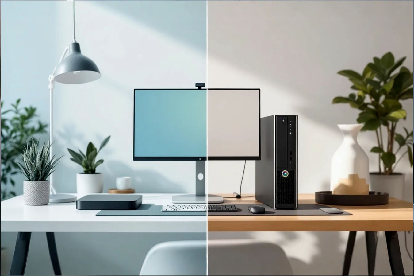 A split image showing a sleek, compact Chromebox on one side of a desk setup and a more substantial traditional desktop tower on the other, both connected to monitors and keyboards. The background is a modern, uncluttered home office environment. Professional photography style, well-lit.