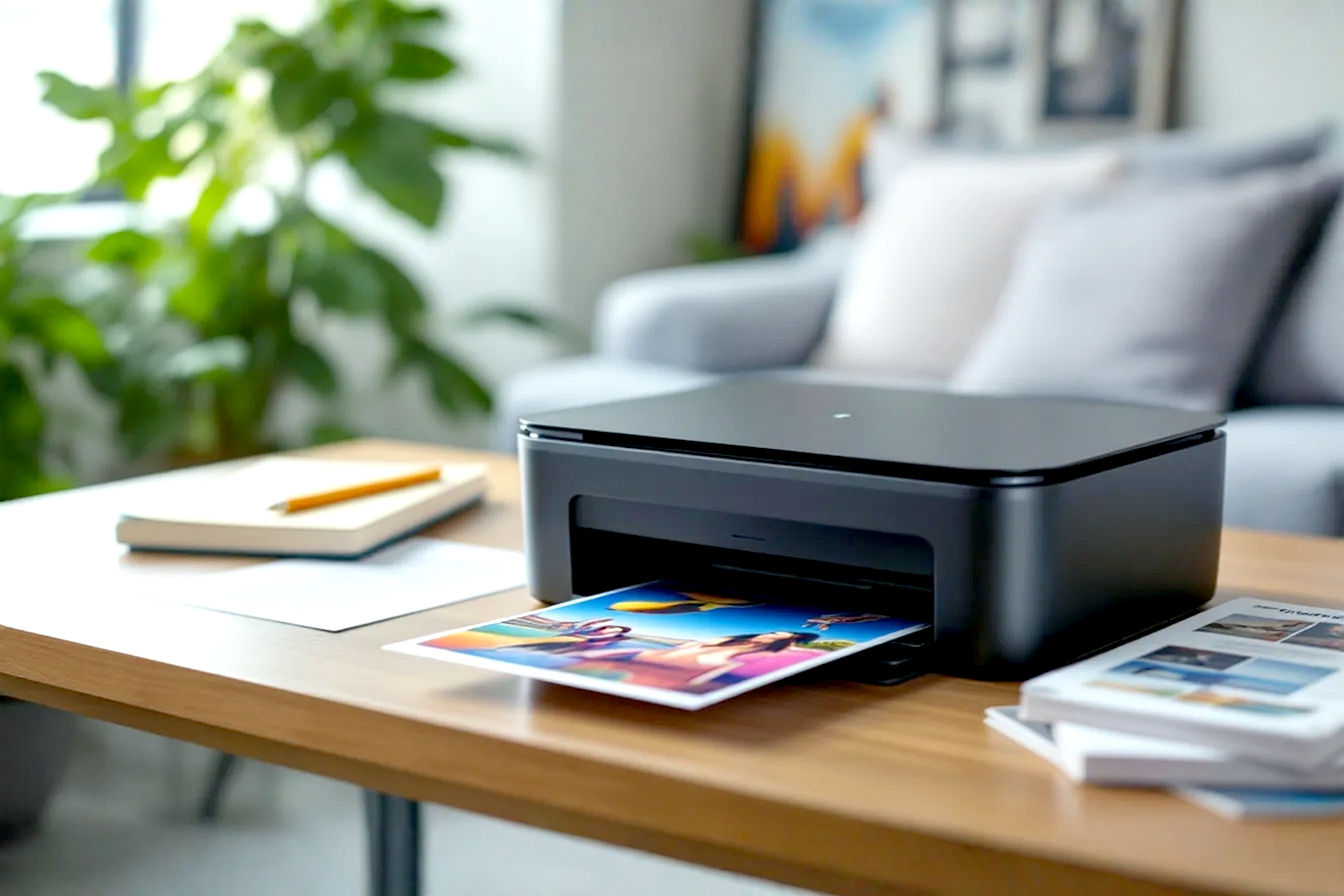 A professional, well-lit photograph showing a modern, compact color inkjet printer (perhaps an ink tank model) on a home office desk. Next to it, a stack of vibrant color photo prints and a crisp black and white text document. The background is slightly blurred, suggesting a comfortable home environment.