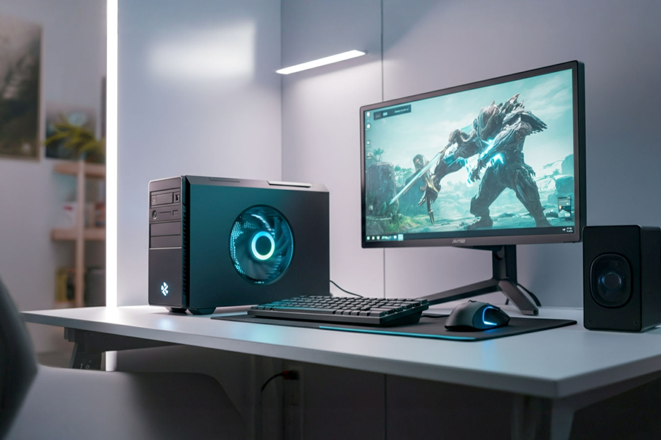 Professional photography style image showing a sleek, modern, small form factor gaming PC sitting on a minimalist desk setup in a bright, well-organized small room. The PC is running a game visible on a monitor, and the overall scene conveys efficiency and high performance in a limited area.