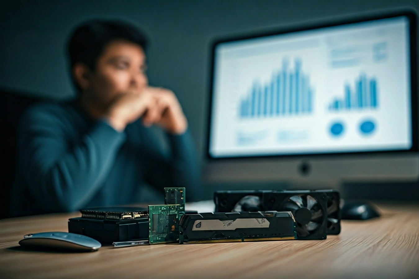 A professionally lit photograph showing a person looking thoughtfully at a computer screen displaying graphs and charts, with various computer components (CPU, GPU, RAM sticks) artfully arranged on a desk in the foreground, suggesting the complexity and analysis involved in understanding computer pricing. The background is slightly blurred.