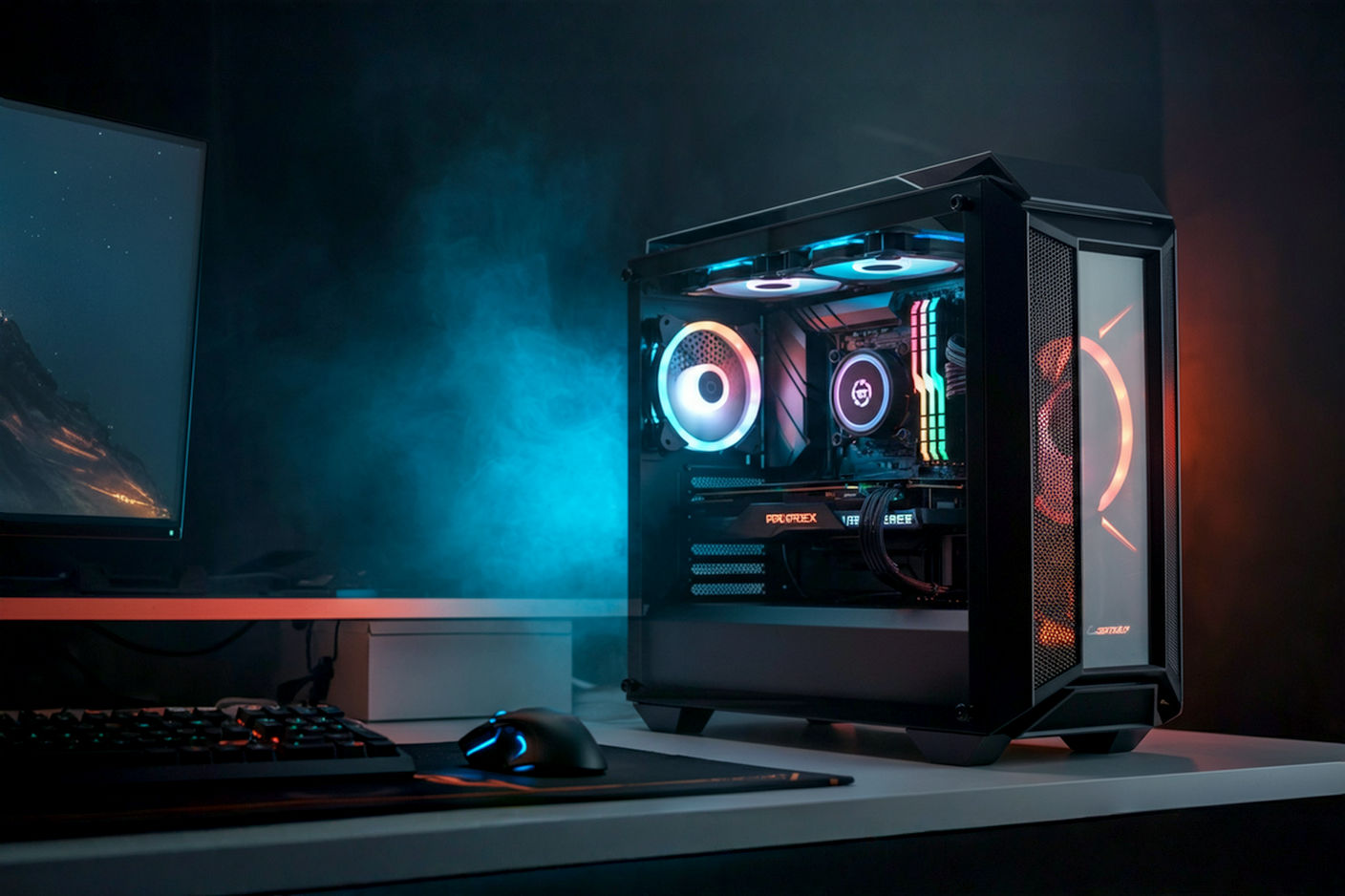 Professional studio photograph of a sleek, modern gaming PC desktop tower with customizable RGB lighting visible through a tempered glass side panel. The PC is placed on a clean desk setup with a high-refresh-rate gaming monitor, a mechanical keyboard, and a gaming mouse in the background, slightly blurred. The lighting is dramatic, highlighting the PC's design and power.