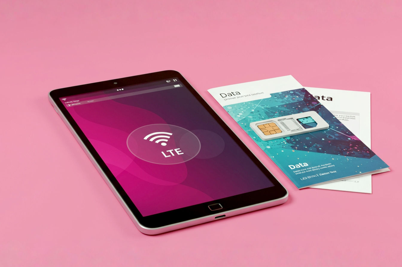 Professional studio photography of a modern, slim LTE tablet screen displaying a cellular signal icon and a web browser, placed next to a SIM card tray and a data plan brochure, on a clean, minimalist background. The lighting is soft, highlighting the device and materials.