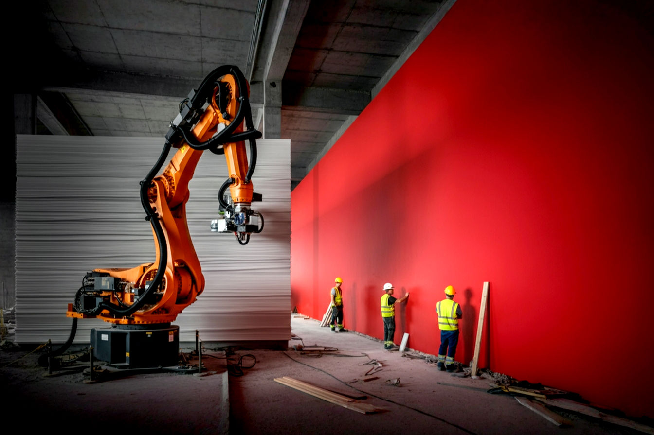 A professional, high-angle photograph showing a large robotic arm 3D printing the wall of a modern house on a construction site. The scene is bright, showcasing the scale of the printer and the partially built structure. There are a few workers in safety gear observing from a distance.