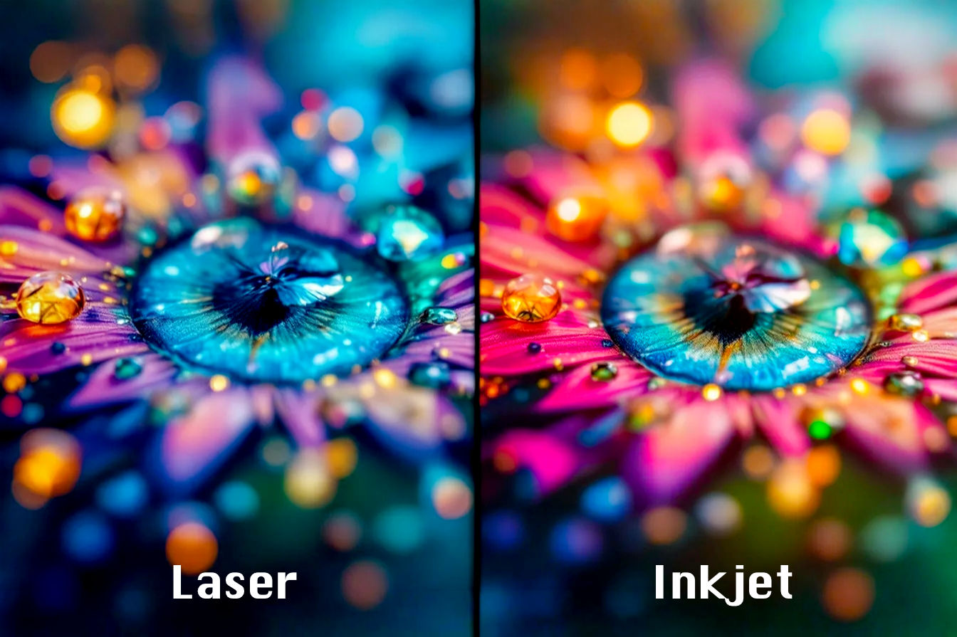 A split-screen image professionally photographed. On the left, a close-up shot of a high-quality, vibrant color photo print produced by an inkjet printer, showcasing rich detail. On the right, a close-up shot of a photo print produced by a color laser printer, showing slightly less saturated colors. Lighting is even, highlighting the differences in print quality and color reproduction.