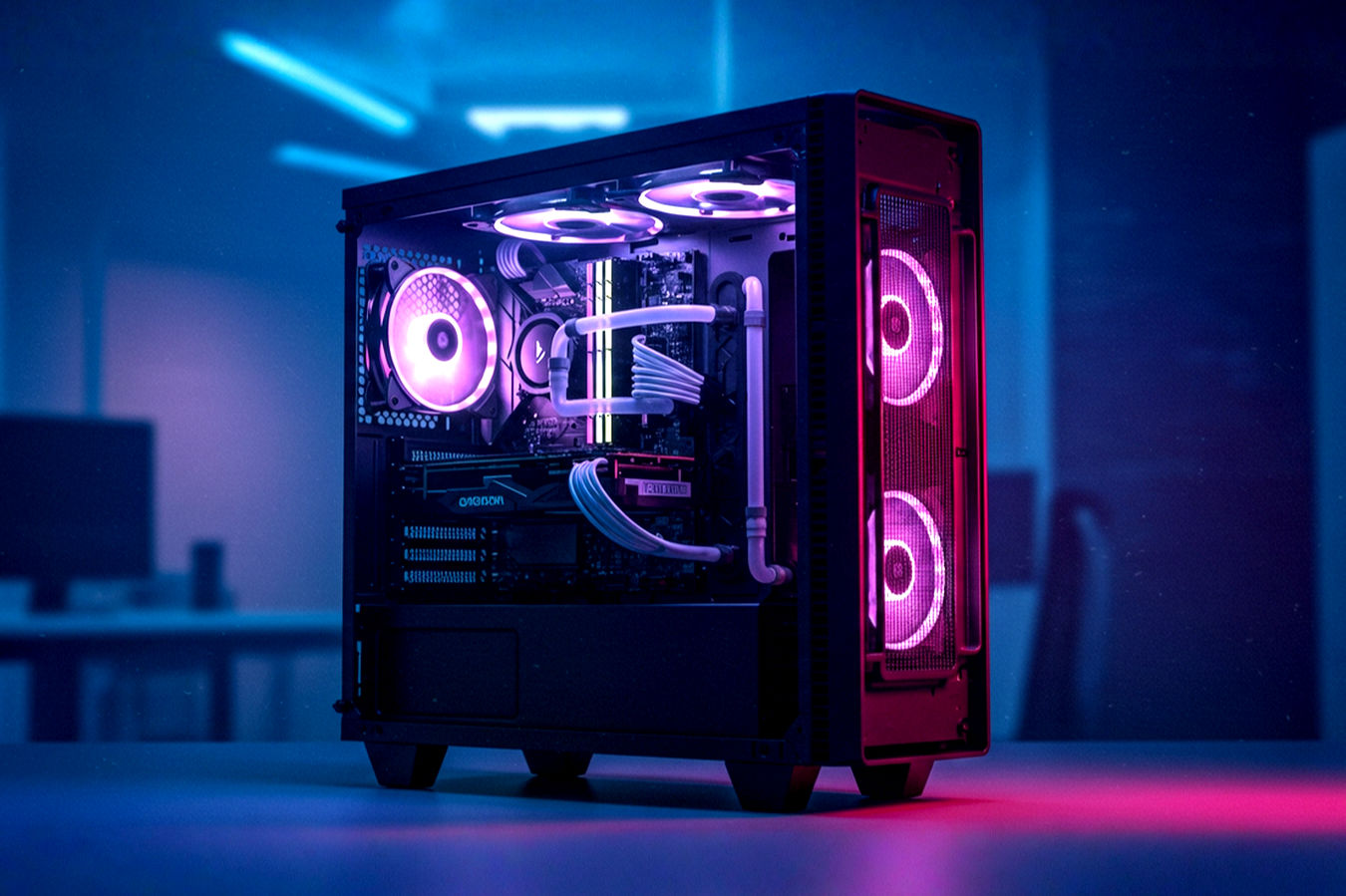 Professional, well-lit photograph showing a sleek, modern custom-built desktop computer tower with its side panel removed, revealing neatly organized internal components like a high-end graphics card, CPU cooler, and RGB lighting. The background is a clean, slightly blurred office or desk environment, suggesting productivity and performance.