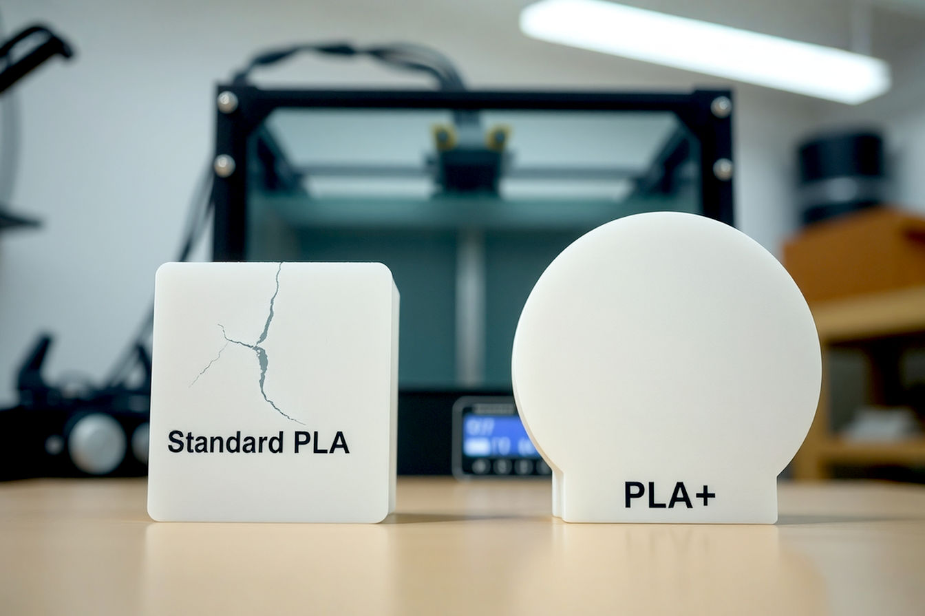 A high-quality, professional photograph showing two identical 3D printed objects side-by-side. One object, labeled "Standard PLA," has visible cracks or a broken section. The other object, labeled "PLA+," appears intact and slightly more robust. The background is a clean, well-lit workshop or studio environment, possibly with a 3D printer blurred in the background. The focus is sharp on the two comparison prints.