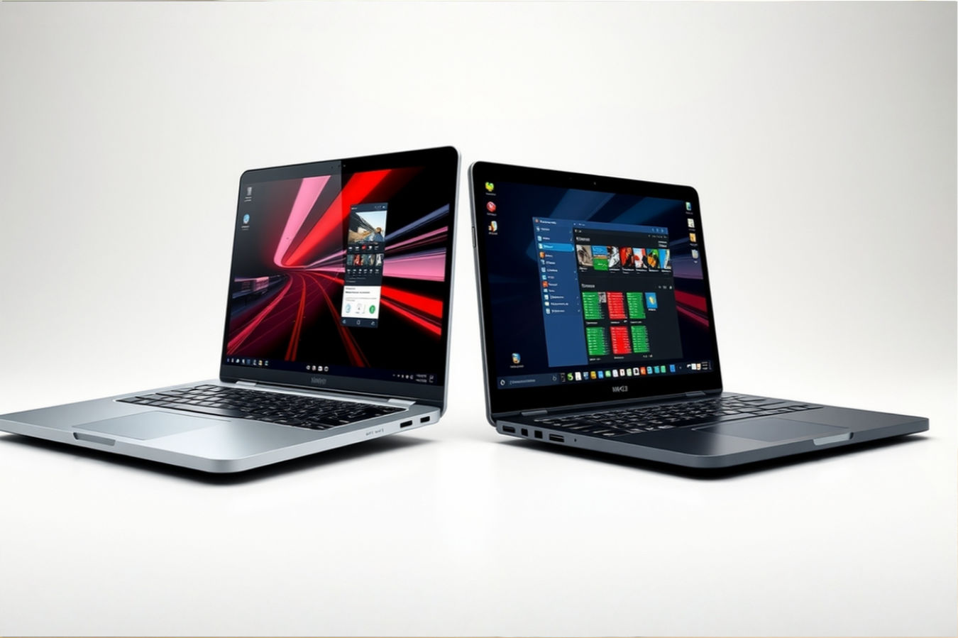 A split image showing a sleek, thin silver Ultrabook on one side and a slightly thicker, more robust traditional laptop on the other, both open with screens displaying productivity apps, set against a neutral background to emphasize the difference in form factor. Professional photography style, good lighting.