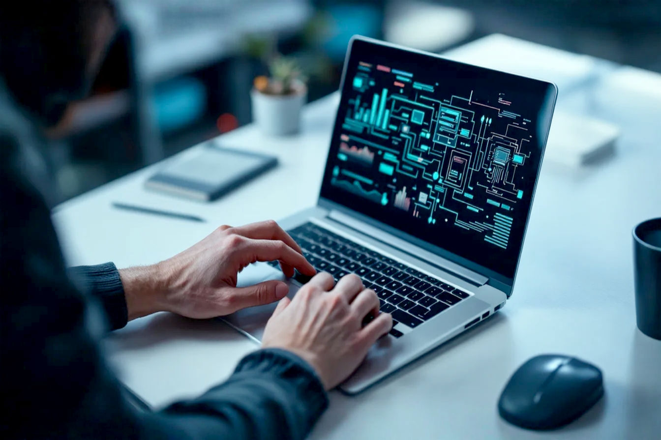 A high-angle, professional photograph showing a modern, slim laptop open on a clean desk. A hand is subtly interacting with the touchpad, suggesting productivity. In the background, slightly blurred, are technical diagrams or abstract representations of data flow or circuitry, hinting at the underlying technology and optimization theme. The lighting is bright and clean, emphasizing the sleekness of the technology.