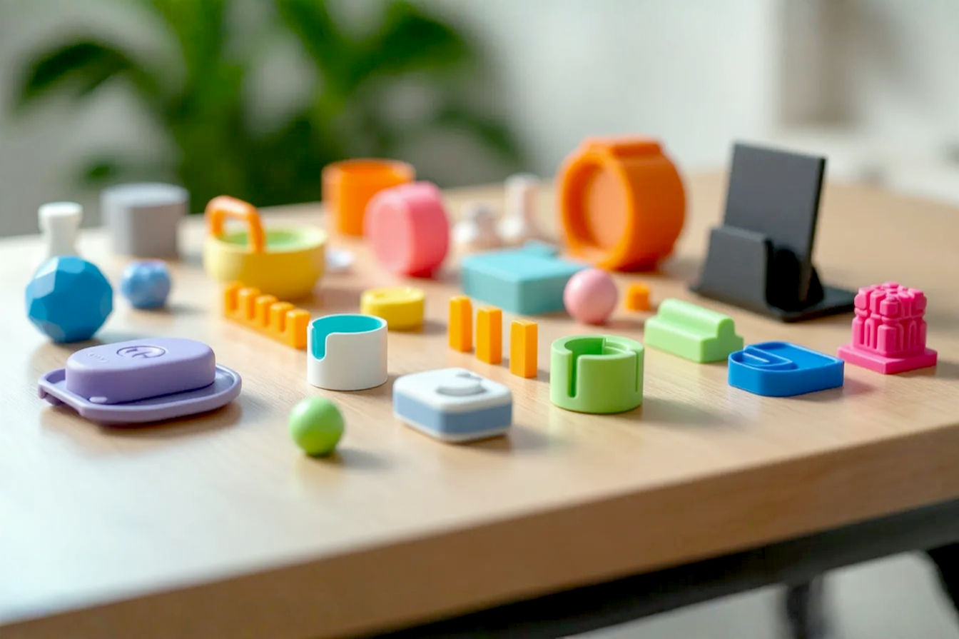 A professional, well-lit photograph showing a collection of diverse, colorful 3D printed objects arranged neatly on a wooden surface. The objects should clearly look functional, including items like cable clips, drawer dividers, a custom phone stand, a small tool holder, and a bag clip. The background should be slightly blurred to keep the focus on the printed items.