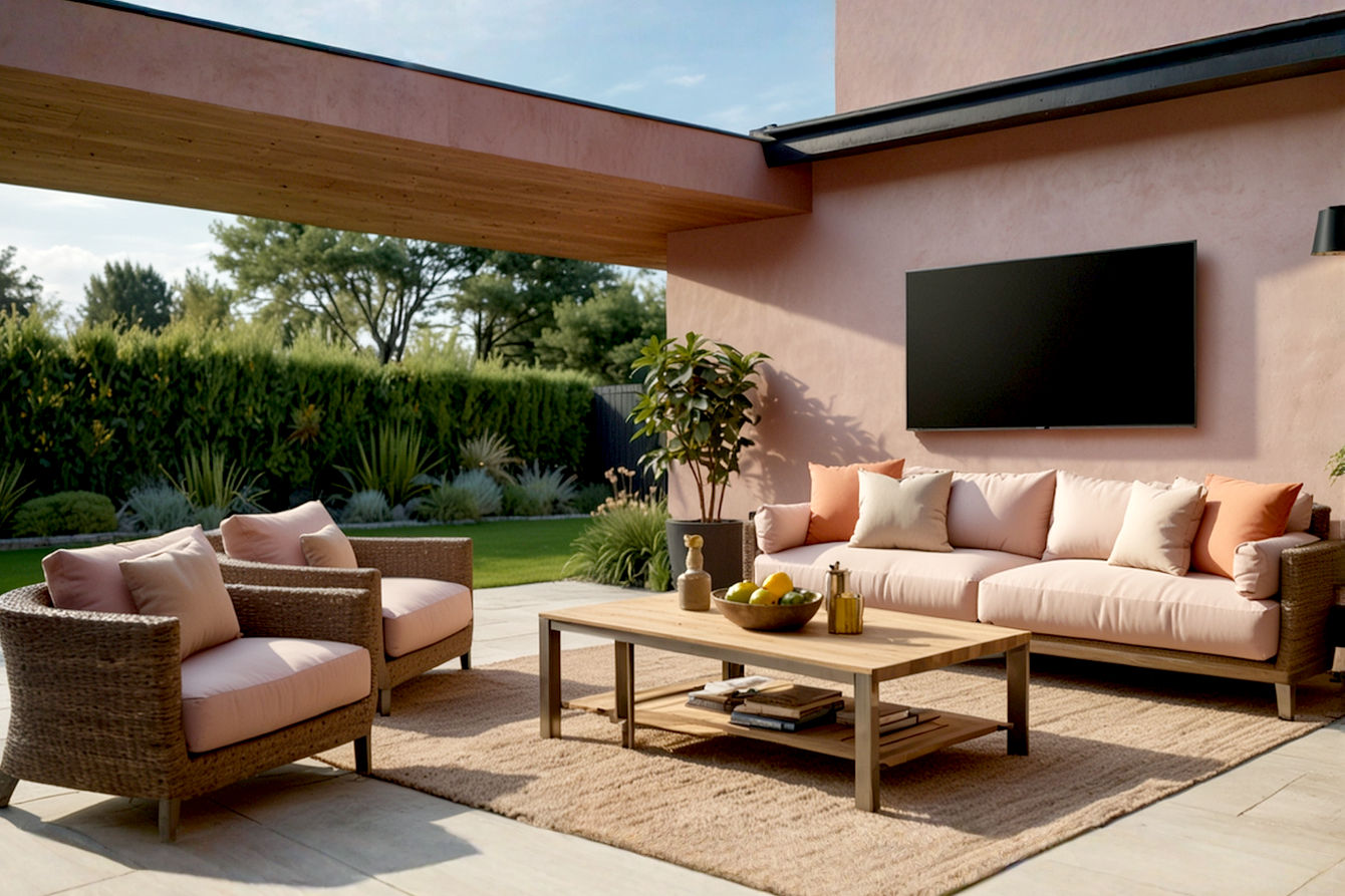 Lifelike professional photography of a sleek, modern 75-inch Samsung The Terrace Neo QLED Outdoor Smart TV, perfectly integrated into a luxurious, well-appointed UK garden patio. The TV is mounted on a light-coloured wall, displaying a vibrant, high-contrast scene (e.g., a dynamic sports match or a colourful nature documentary) on a sunny, bright day, showcasing its anti-reflection screen and brilliant picture quality. Comfortable outdoor furniture, subtle garden lighting, and lush greenery are visible around it, creating an inviting entertainment atmosphere. The image should convey premium quality, durability, and a relaxed, upscale outdoor living experience, with British garden elements.