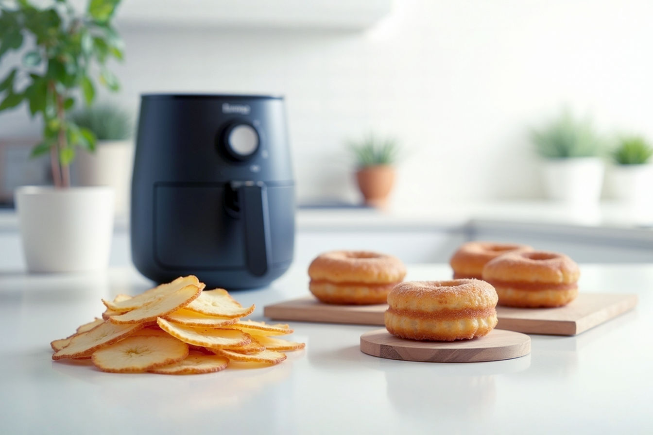 A beautifully styled, high-resolution food photograph on a clean, modern kitchen counter. In the foreground, a compact, sleek air fryer (e.g., matte black or stainless steel) is subtly visible. Artfully arranged around it are small, appealing portions of various air-fried desserts
