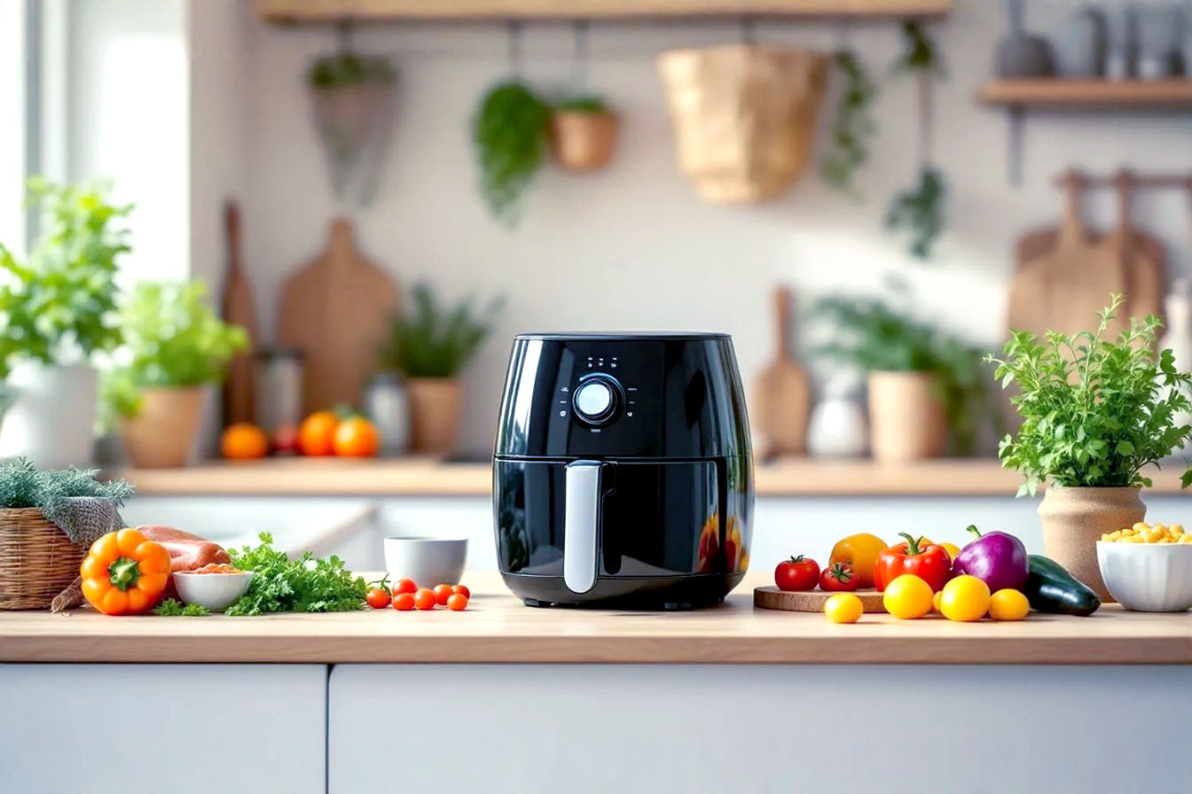 A bright, modern UK kitchen counter with a sleek, compact air fryer prominently displayed, surrounded by fresh, colourful ingredients like vibrant vegetables and herbs. The scene should evoke healthy, efficient cooking in a small space, with soft, natural light and a slightly blurred background to keep the focus on the air fryer and food. Lifestyle photography style, high resolution, inviting atmosphere.