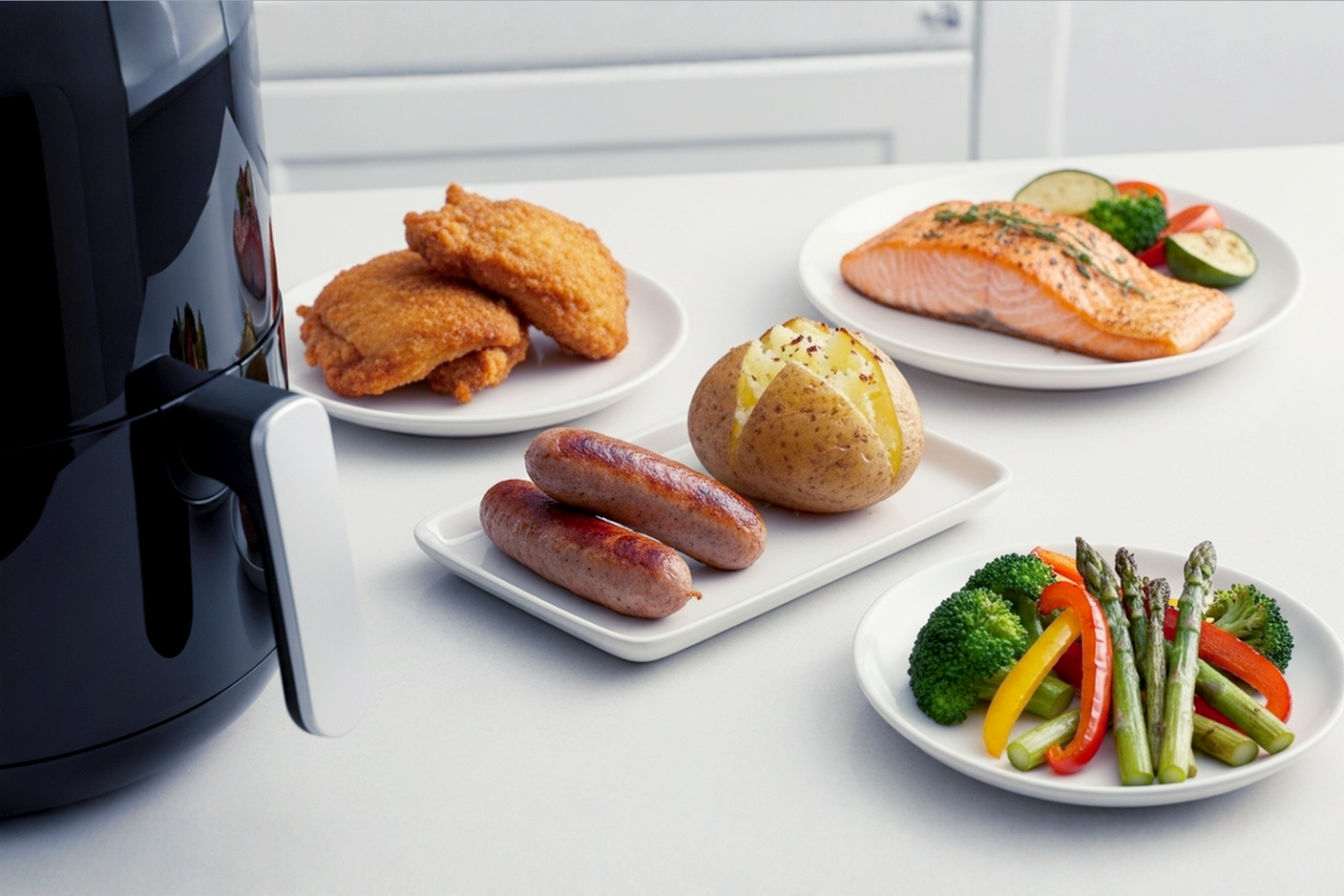 A beautifully styled, high-resolution food photograph on a clean, modern kitchen counter. In the foreground, a compact, sleek air fryer (e.g., matte black or stainless steel) is subtly visible. Artfully arranged around it are small, appealing portions of various air-fried main meals