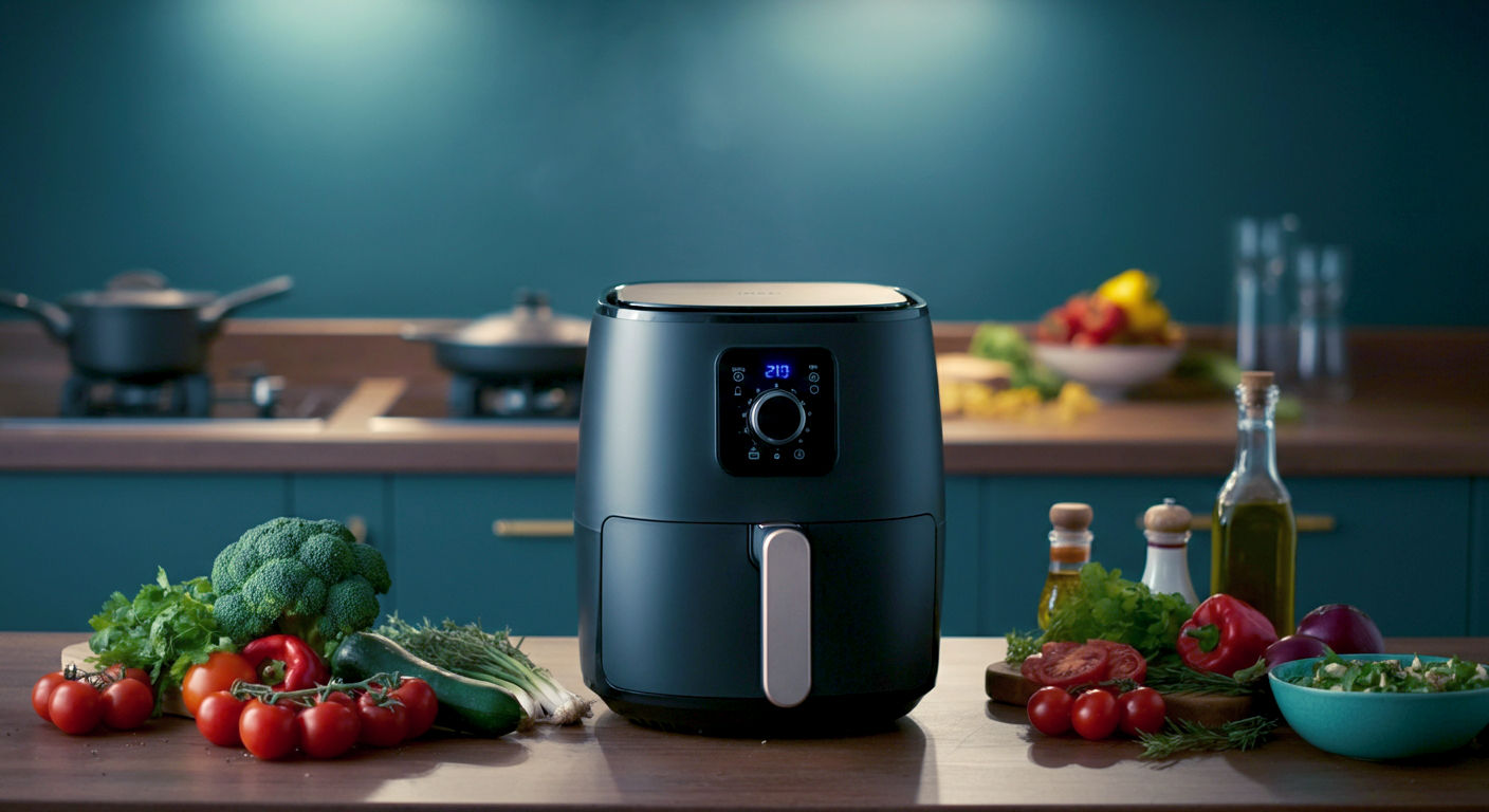 A bright, modern UK kitchen counter with a sleek, compact air fryer prominently displayed, surrounded by fresh, colourful ingredients like vibrant vegetables and herbs. The scene should evoke healthy, efficient cooking in a small space, with soft, natural light and a slightly blurred background to keep the focus on the air fryer and food. Lifestyle photography style, high resolution, inviting atmosphere.