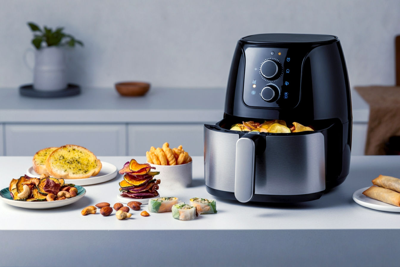 A beautifully styled, high-resolution food photograph on a clean, modern kitchen counter. In the foreground, a compact, sleek air fryer (e.g., matte black or stainless steel) is subtly visible. Arranged artfully around it are small, appealing portions of various air-fried snacks.