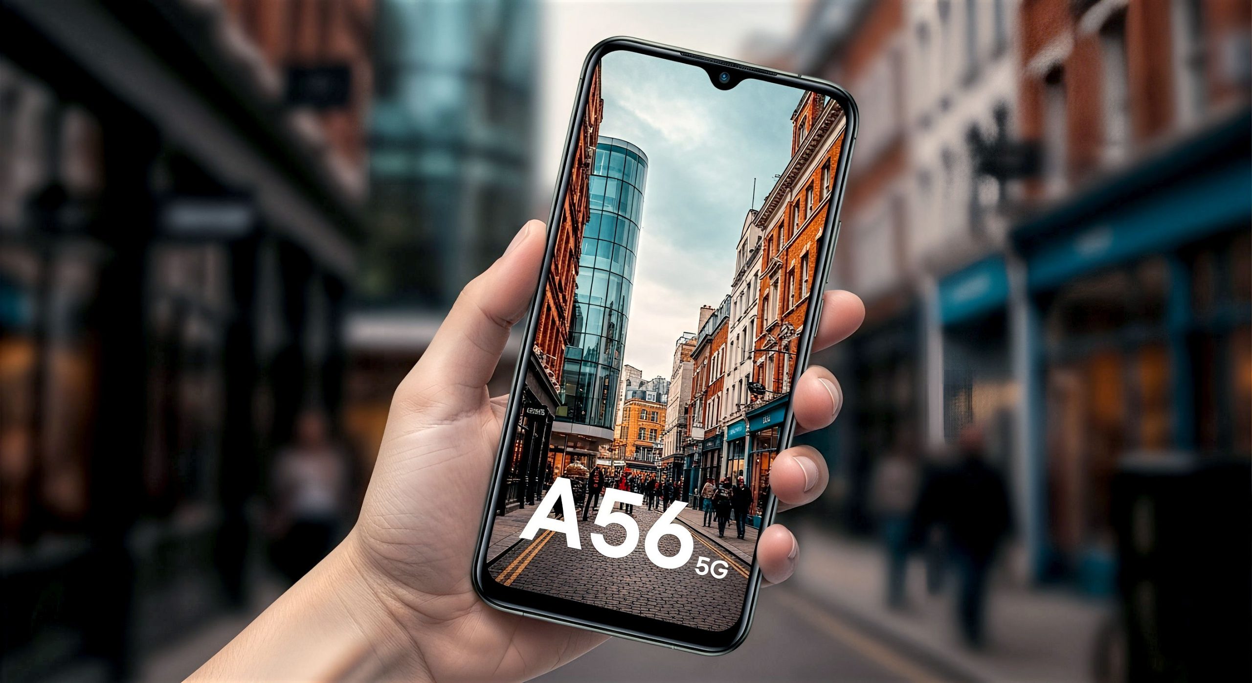 A sleek, modern A56 5G smartphone in "Awesome Lightgrey" or "Awesome Olive" colour, held in a hand, displaying a vibrant, high-resolution image on its screen (e.g., a beautiful UK landscape or a dynamic game scene). The background is a subtly blurred, contemporary UK setting (e.g., a modern cafe, a city park, or a home living room), suggesting everyday use. The lighting should be soft, professional, and inviting, highlighting the phone's design and screen quality. Lifelike pro photography style, shallow depth of field, natural light.