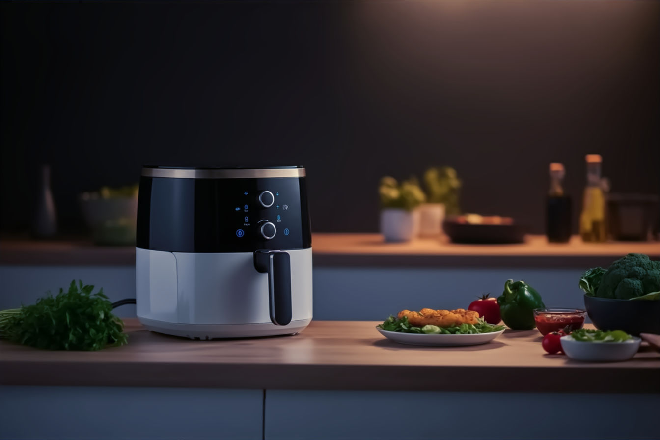 A bright, modern UK kitchen counter with a sleek, compact air fryer prominently displayed, surrounded by fresh, colourful ingredients like vibrant vegetables and herbs. The scene should evoke healthy, efficient cooking in a small space, with soft, natural light and a slightly blurred background to keep the focus on the air fryer and food. Lifestyle photography style, high resolution, inviting atmosphere.