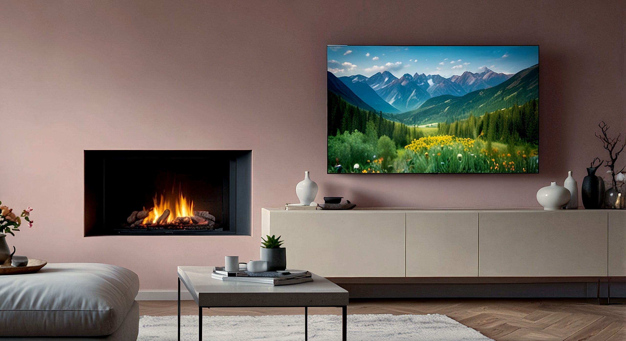 A vibrant, lifelike professional photograph of the 55 UV2F53DB television showcasing a dynamic 4K nature scene (e.g., a lush green forest or a clear blue ocean) with rich colours and deep contrast. The TV is positioned in a modern, inviting UK living room setting, perhaps with a soft, warm light illuminating the space. The screen should be the focal point, appearing sharp and immersive, possibly with a subtle reflection of a cosy lamp or a blurred background to enhance depth. The overall feel should be aspirational, highlighting the TV's visual quality and its seamless integration into a contemporary home.