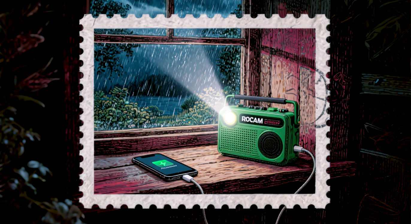 The green ROCAM Wind-Up Radio Review sits on a dark, rustic wooden windowsill. Outside the window, rain lashes against the glass, and the garden is dark and stormy (suggesting a power cut). The radio's bright torch is on, casting a powerful beam into the room. A smartphone is plugged into its USB port, its screen lit up and showing the charging symbol.