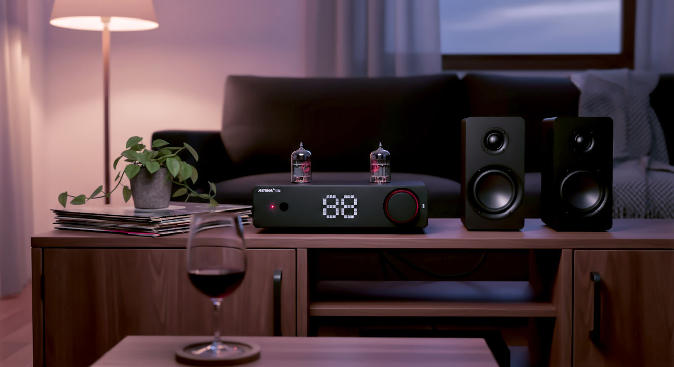 This is a compact, rectangular audio amplifier with a smooth, matte-black finish, roughly the size of a thick hardcover book and positioned horizontally. The top surface is flat except for two tall, cylindrical glass vacuum tubes rising side by side near the center. Each tube is about as tall as a small spice jar, transparent with delicate metal filaments glowing faintly inside, and capped with a small metal tip.