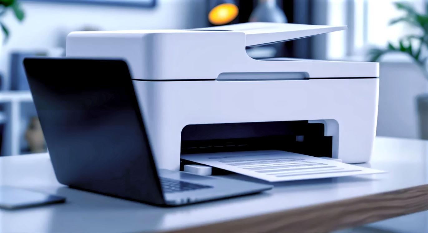 A hyper-realistic photograph of a sleek, white all-in-one printer on a clean, modern American home office desk. A laptop is open next to it, and the printer is outputting a crisp, two-sided document. The background is slightly blurred, showing a well-lit home environment with a window.