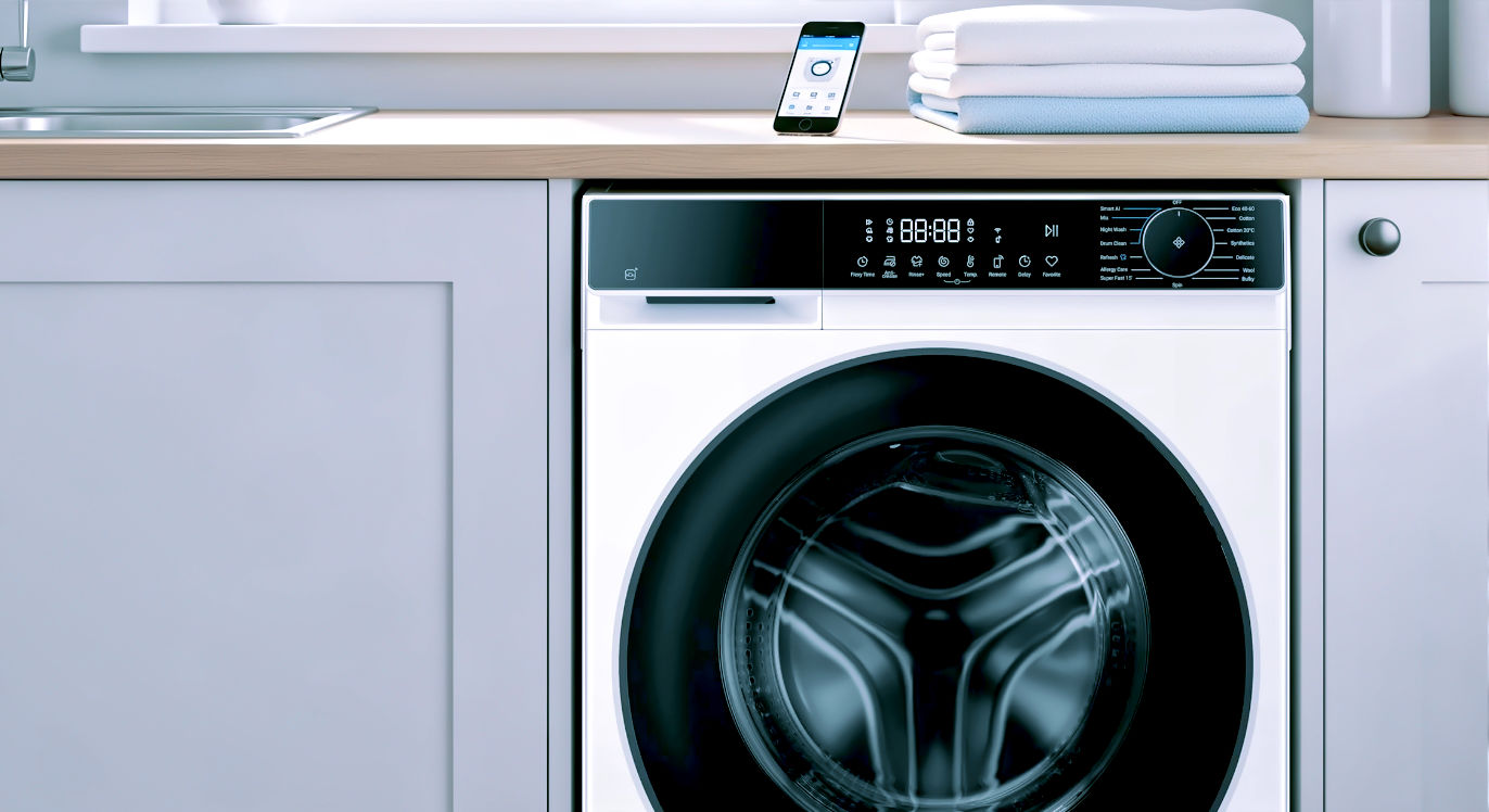 A photorealistic, wide-angle shot of a modern, bright British utility room. The white Haier X Series 5 washing machine is installed under a wooden countertop. The digital display is illuminated, showing "1:30". A smartphone rests on the counter next to a folded pile of fluffy towels, displaying the hOn app interface. Soft daylight streams through a window, highlighting the clean lines of the machine.