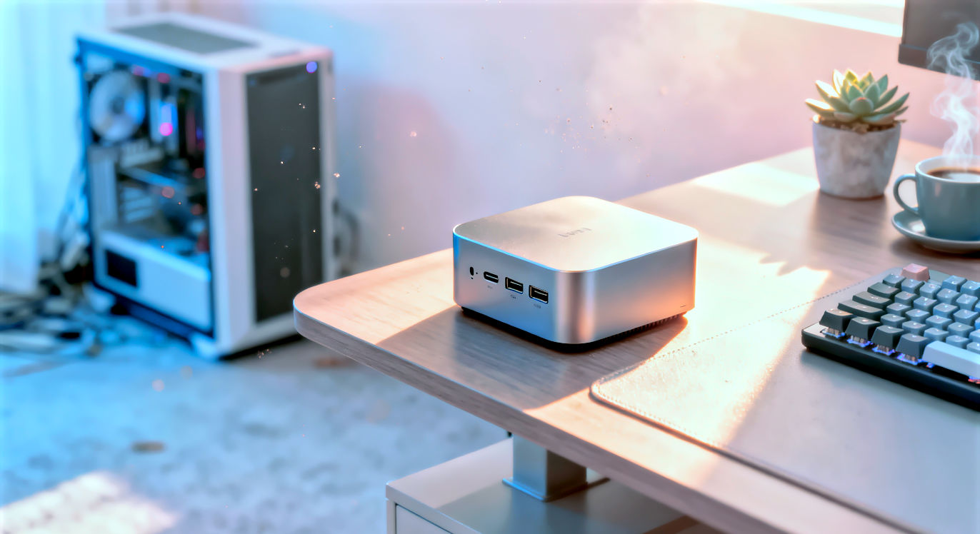 A hyper-realistic, cinematic photograph of a sleek, brushed aluminum Mini PC sitting on a minimalist walnut desk. Golden hour sunlight hits the aluminum chassis, highlighting the USB-C ports. In the background, a blurred out, messy PC tower sits on the floor. On the desk: a mechanical keyboard, a succulent plant, and a steaming cup of coffee. High resolution, 8k, shallow depth of field, tech noir aesthetic.