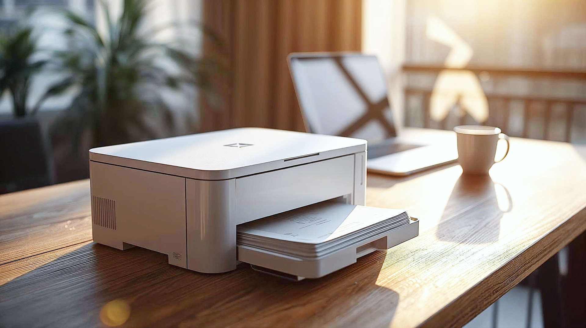 A hyper-realistic, cinematic photograph of a sleek, white laser printer sitting on a solid oak desk in a modern, sun-drenched home office. Golden hour sunlight hits the textured plastic chassis and a stack of crisp, freshly printed paper in the output tray. In the background, slightly out of focus, is a MacBook Pro and a mug of steaming coffee. The lighting is warm and aspirational. High resolution, 8k, shallow depth of field, architectural digest style.