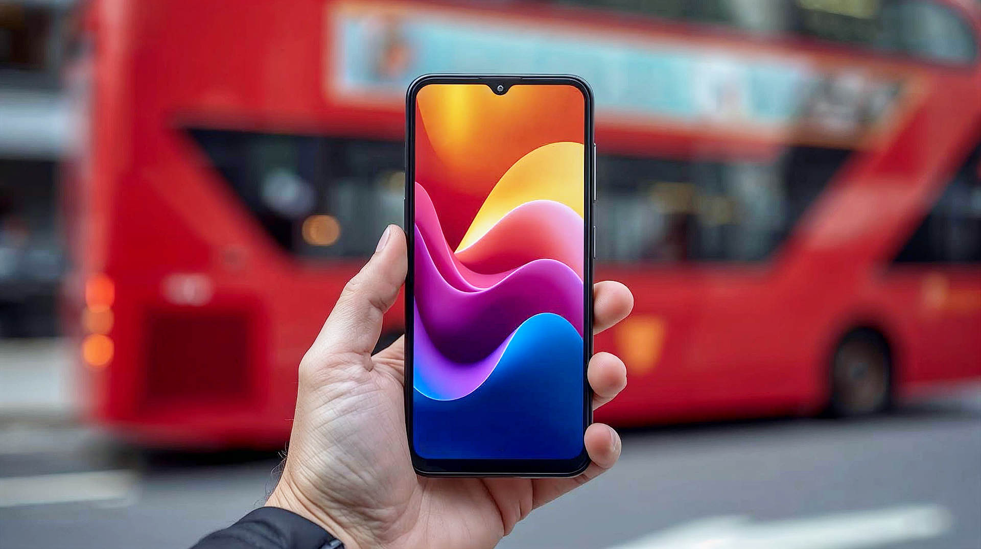 A sleek, professional photograph of the black Xiaomi POCO C85 smartphone held in a person's hand outdoors in a British urban setting (like a London street). The screen is on, showing a vibrant, high-refresh-rate scrolling animation of a travel app. In the background, a red bus is softly blurred. High detail on the "floating crater" camera module and the slim 7.99mm profile.