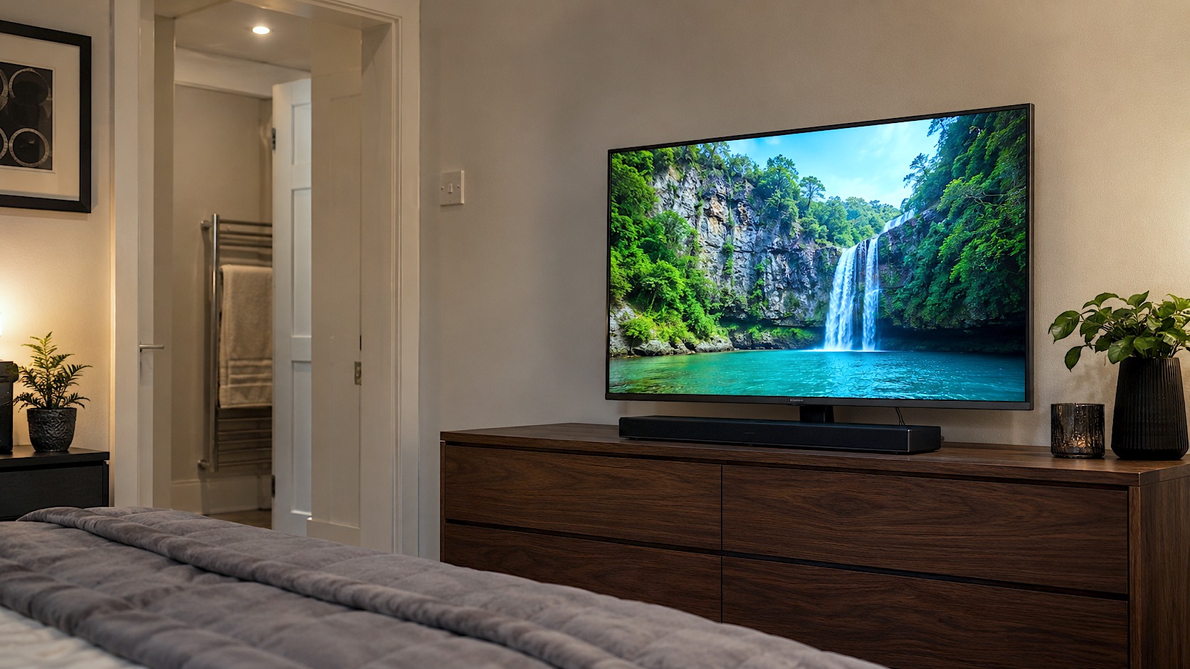 A hyper-realistic, lifestyle photograph of the sleek, black 32-inch Samsung QE32Q5F TV sitting on a modern wooden chest of drawers in a stylish, softly lit British bedroom. The screen is displaying a vibrant, high-contrast nature documentary, highlighting the QLED colours. A small soundbar sits neatly beneath the screen.