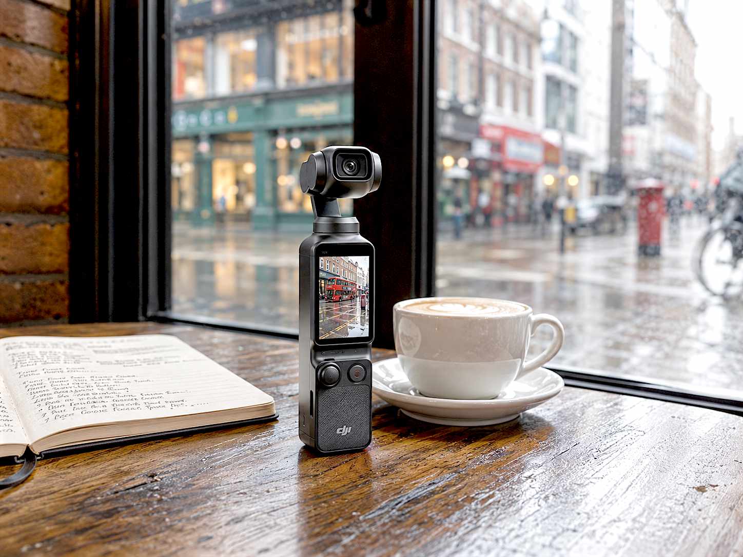 A hyper-realistic, high-quality photograph of the black DJI Osmo Pocket 4P resting on a rustic wooden café table in London. Next to it is a flat white coffee and an open notebook. The camera's screen is powered on, displaying a crisp image. The background is softly blurred (bokeh) showing a rainy British high street through a large window. Natural, cinematic lighting.