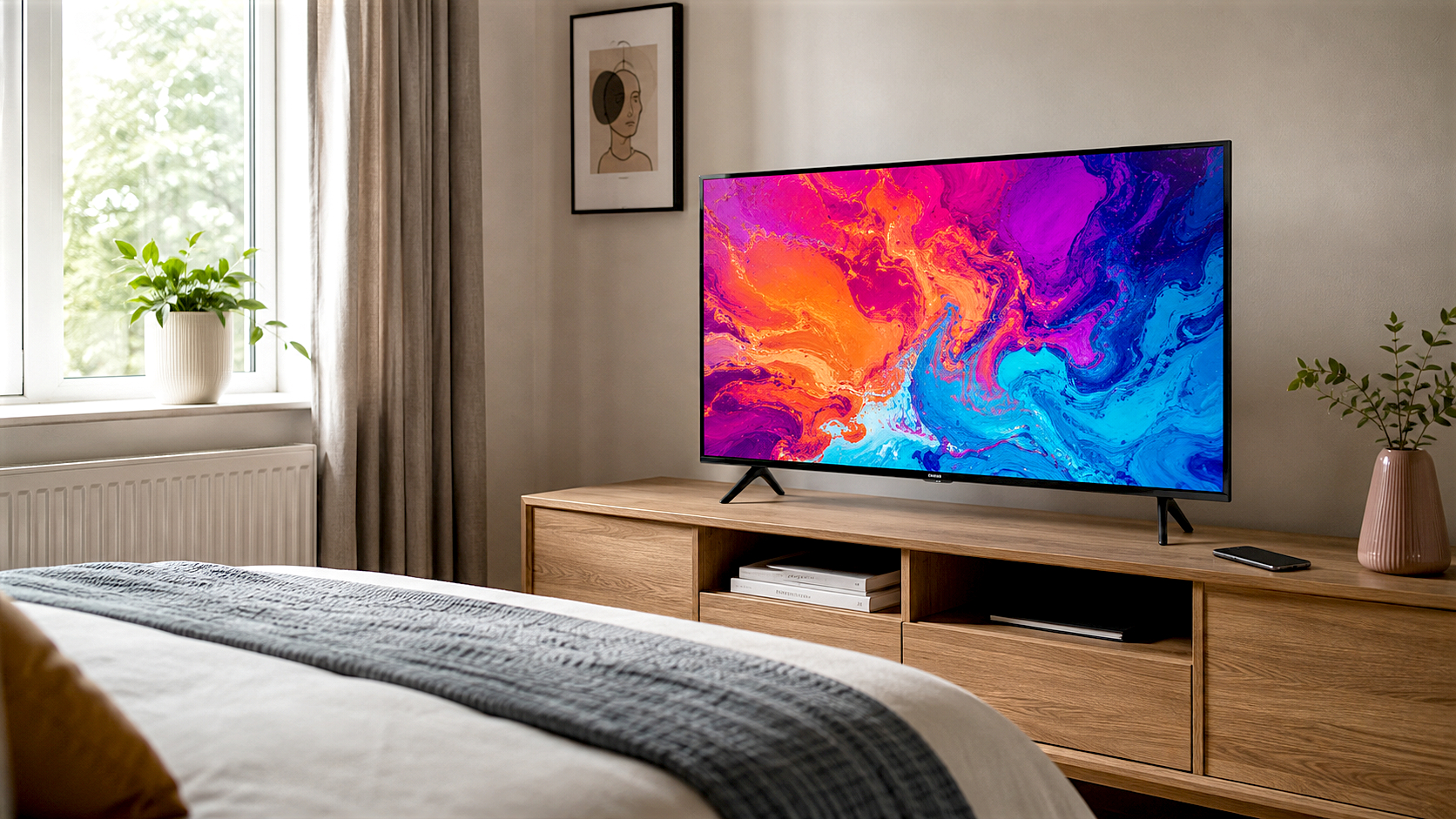 A hyper-realistic, brightly lit lifestyle photograph of a sleek 32-inch LG smart TV sitting on a clean, minimalist wooden unit in a cosy, modern British bedroom. The screen is displaying a vibrant, colourful abstract image. A smartphone rests on the table next to the TV, hinting at casting capabilities. Soft daylight streams in from a window to the left.