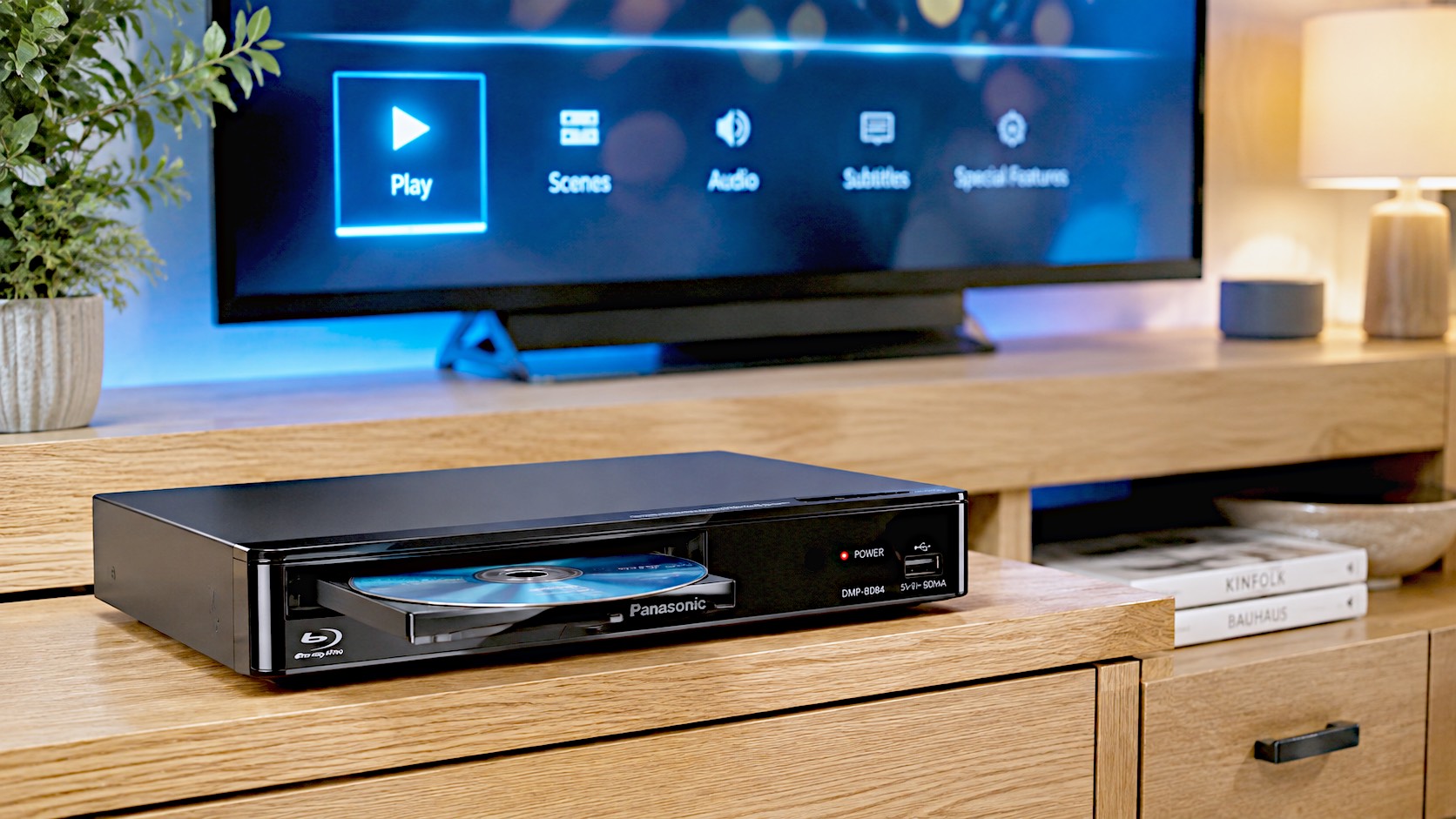 A hyper-realistic, high-quality photograph of the sleek, black Panasonic DMP-BD84 Blu-ray player sitting on a modern oak TV stand in a cozy British living room. A physical Blu-ray disc rests halfway out of the disc tray. A glowing television screen in the softly lit background displays a crisp movie menu.