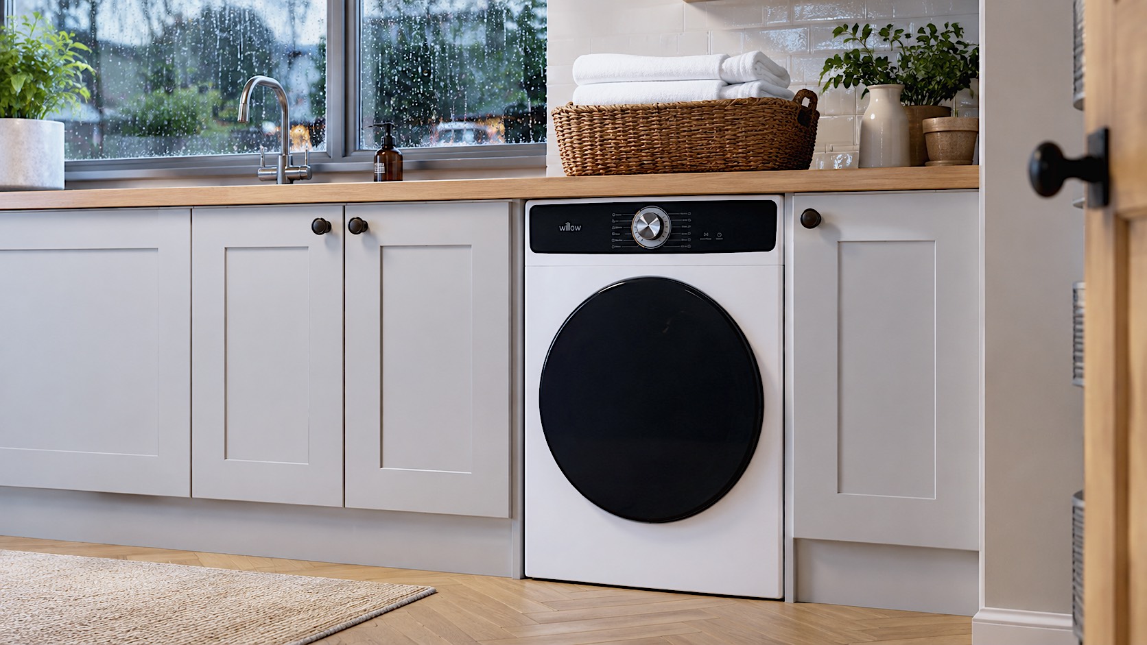 A hyper-realistic, brightly lit photograph of a sleek white Willow W8TDW tumble dryer sitting neatly beneath a wooden kitchen counter in a modern British home. Through a nearby window, heavy rain is falling. A basket of freshly dried, fluffy white towels sits on top of the counter.
