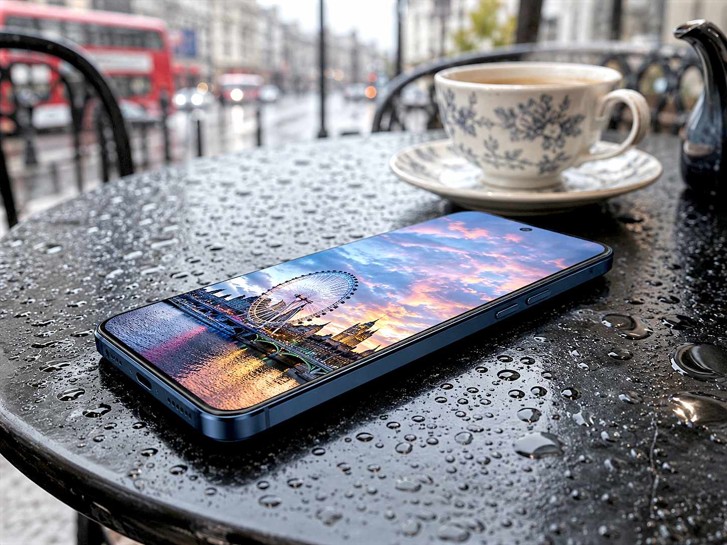 A hyper-realistic, high-resolution photograph of the Deep Blue Xiaomi 17T Pro resting on a slick, rain-splattered café table in London. The screen is illuminated, showing a vibrant photograph, while a cup of Earl Grey tea sits slightly out of focus in the background. Natural overcast lighting highlighting the metallic aluminium frame.