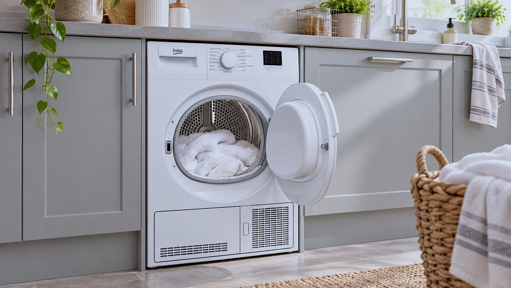 Beko DTLCE80041W condenser tumble dryer fitted beneath a modern grey quartz kitchen worktop in an English suburban home. The porthole door is slightly ajar showing clean, fluffy white towels inside, with soft natural window light reflecting off the smooth white front panel.