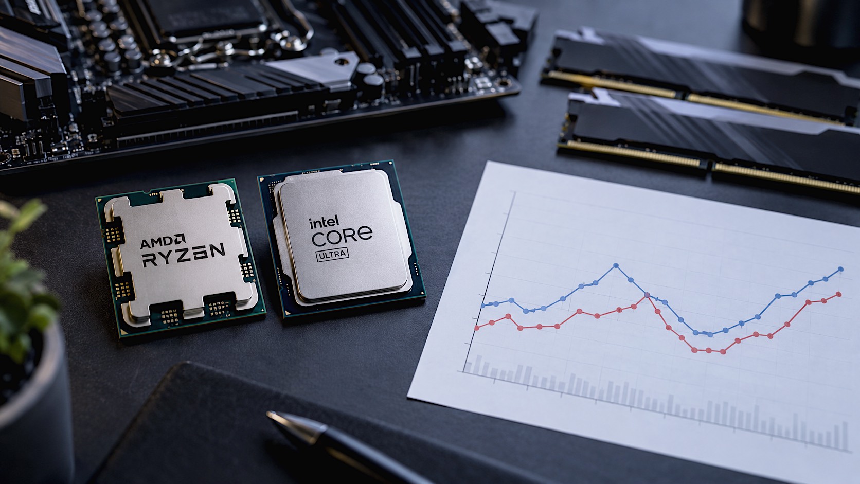 An AMD Ryzen desktop processor and an Intel Core Ultra processor sit side by side on a clean dark workbench, beside a printed price chart showing peaks and dips across a twelve-month period. A motherboard and DDR5 memory are softly out of focus in the background. Modern, analytical rather than flashy; realistic studio lighting, premium technology-publication aesthetic, no added text or fake branding.